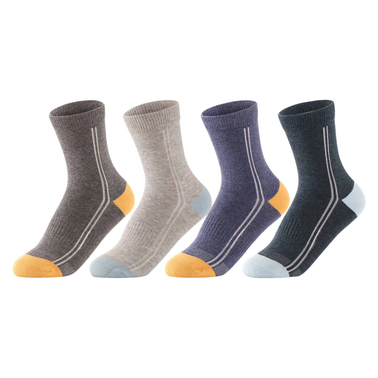 Four pairs of athletic crew socks in heathered brown, grey, blue, and green with contrast heel and toe
