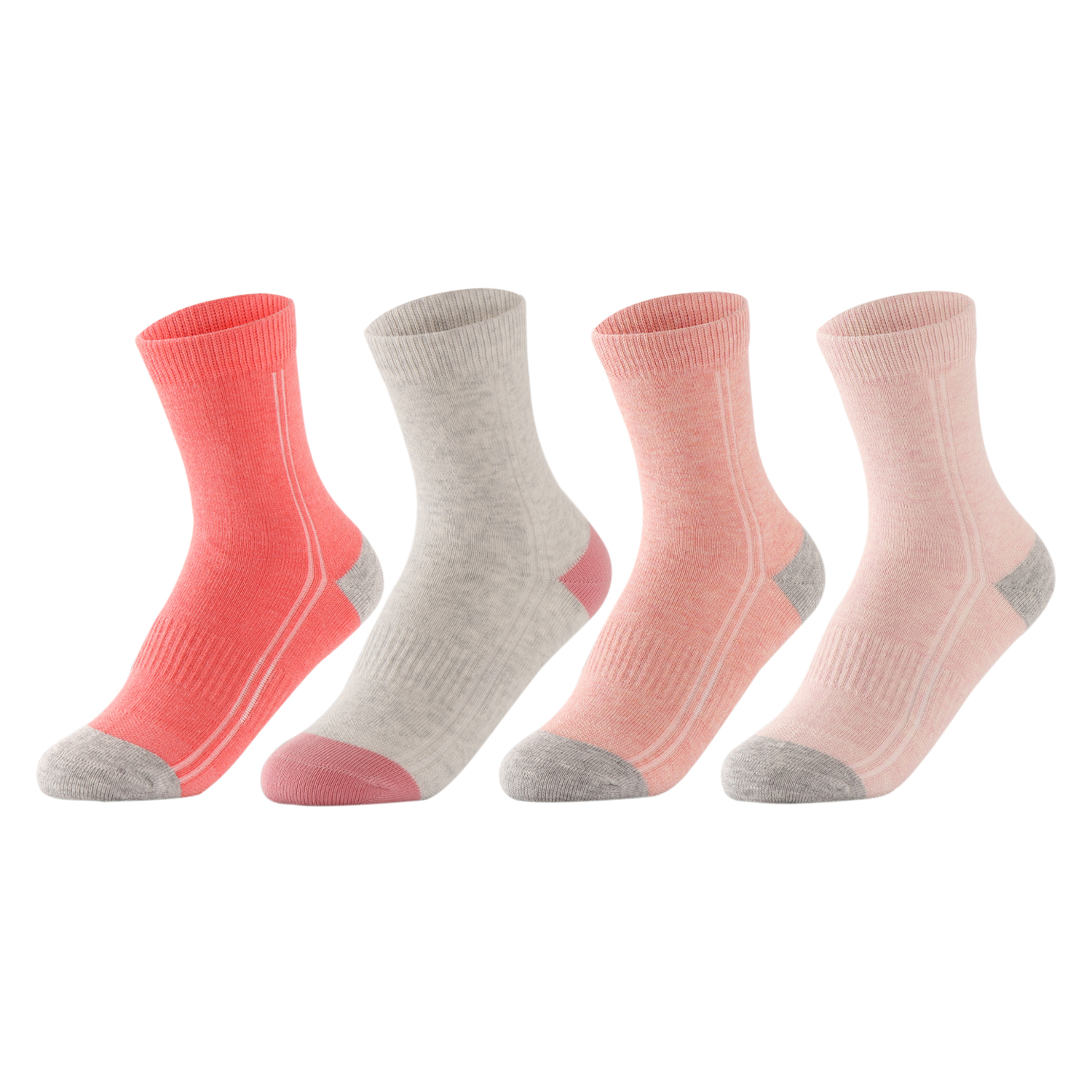 Four pairs of athletic crew socks in coral, blush, and light grey with reinforced heel and toe