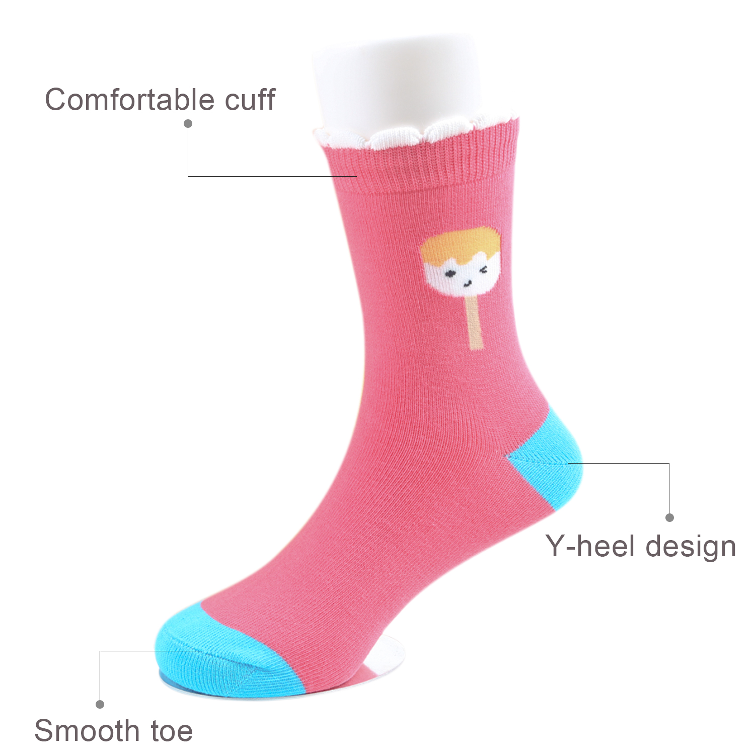 Close-up of seamless toe, Y-heel, and scalloped cuff construction