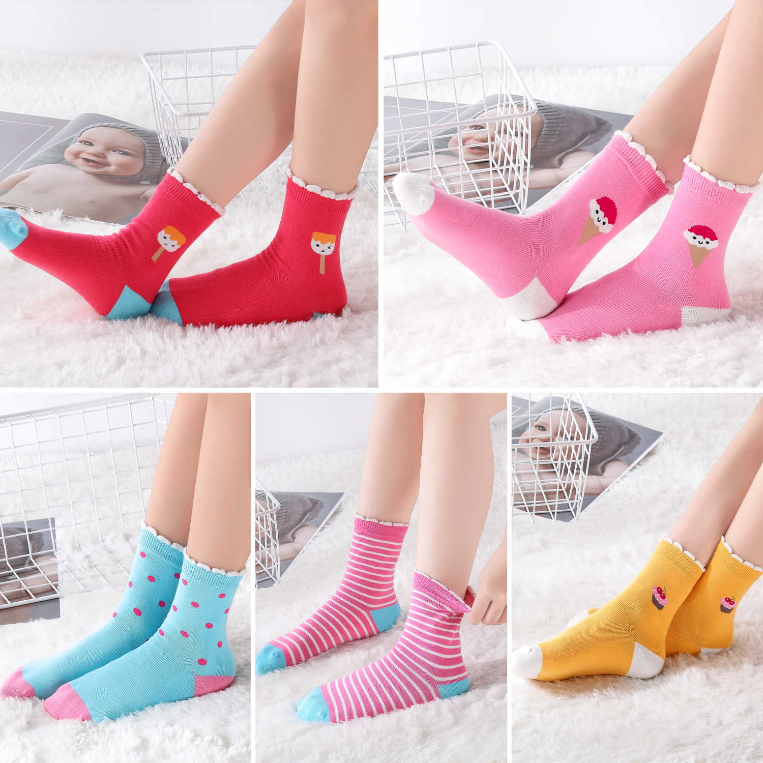 Child wearing SUNBVE candy-themed crew socks