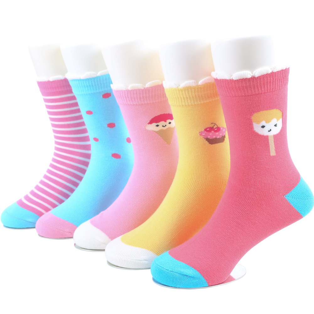 Five pairs of girls crew socks with ice cream, cupcake, and popsicle designs in pink, blue, and yellow