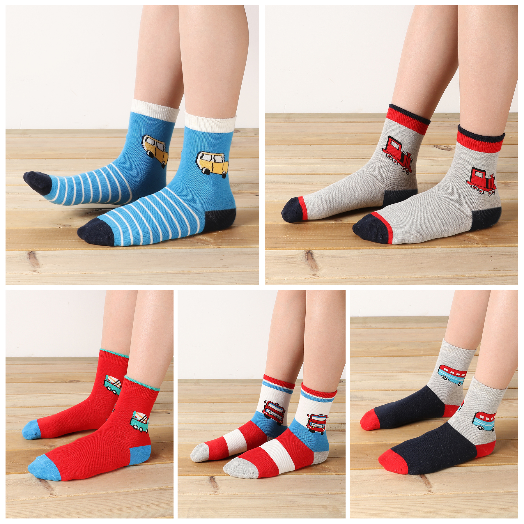 Child wearing SUNBVE truck-themed crew socks