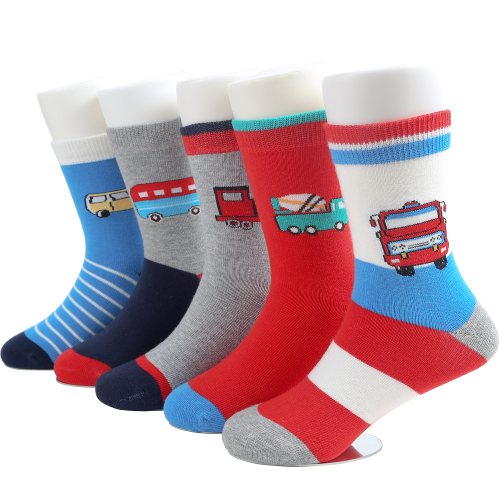 Five pairs of boys crew socks with bus, truck, and car designs in blue, grey, and red
