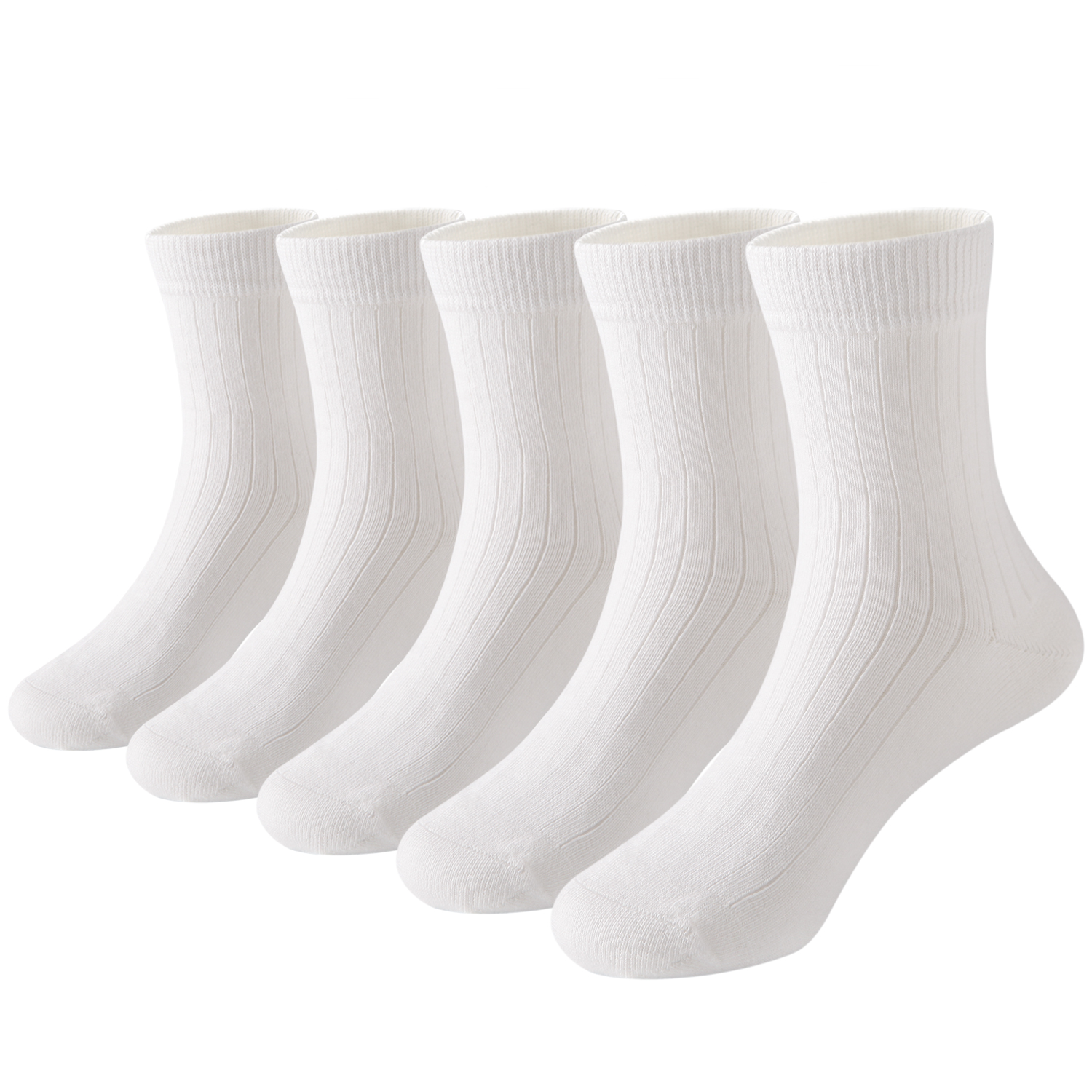 Five pairs of plain white ribbed crew socks for kids