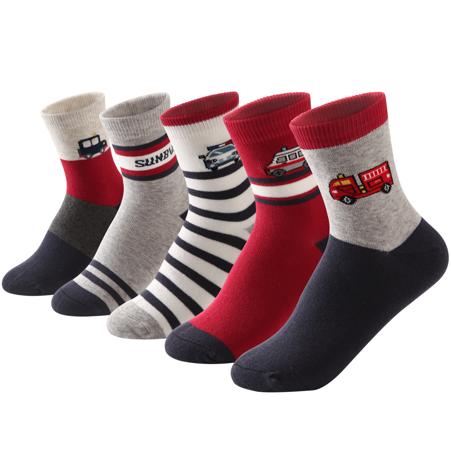 Five pairs of boys crew socks with police car, fire truck, and racing car designs