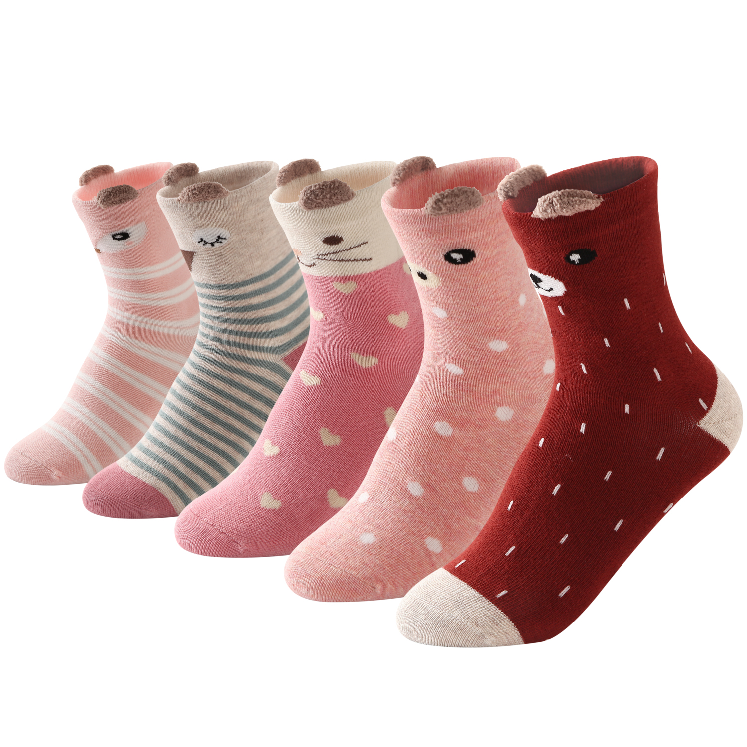 Five pairs of girls crew socks with 3D bear and cat ears in pink and mauve