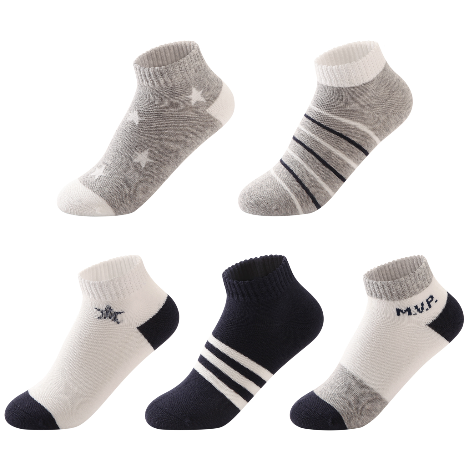 Five pairs of boys ankle socks with star, stripe, and MVP designs in grey and navy