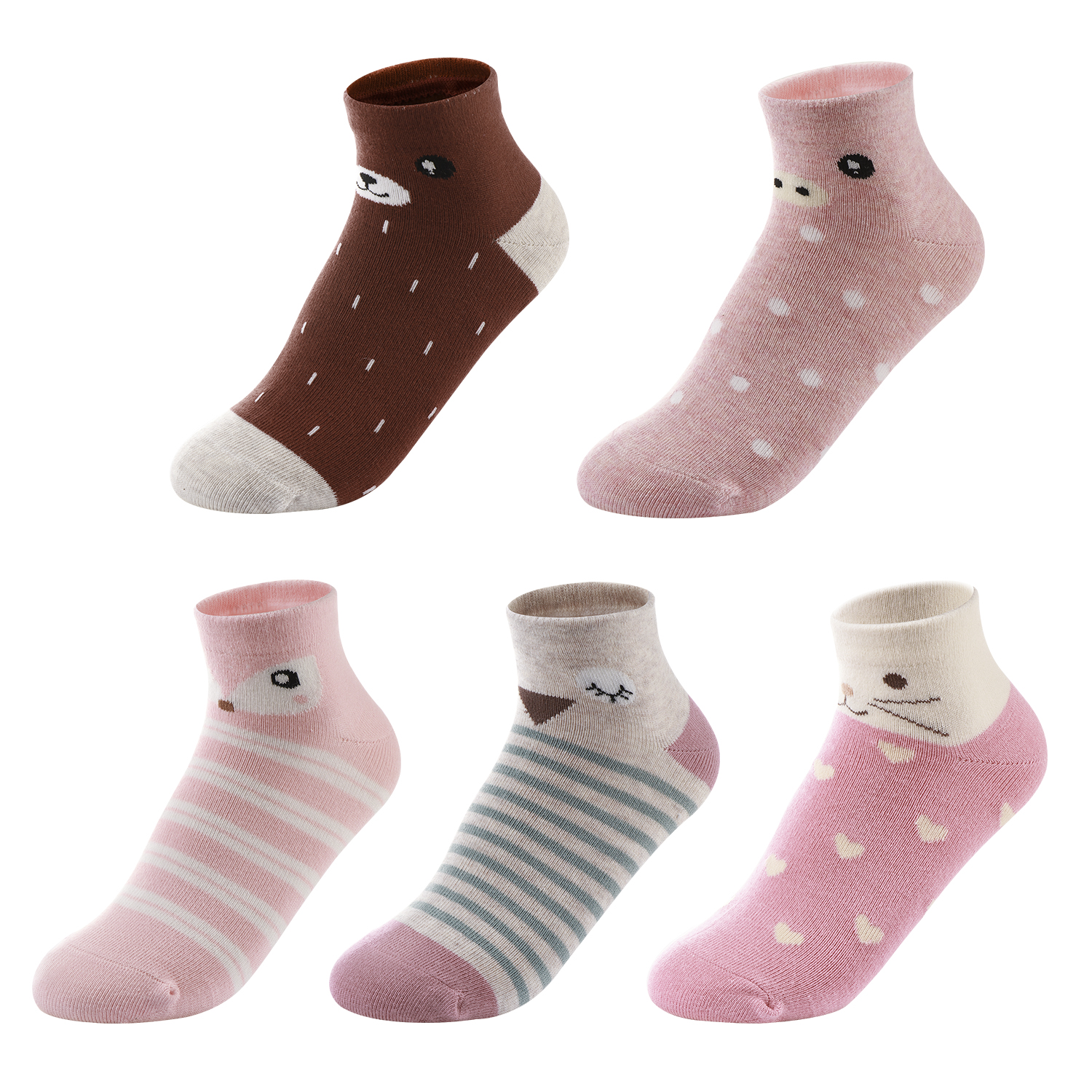 Five pairs of girls ankle socks with bear, cat, and bird face designs in pink and brown