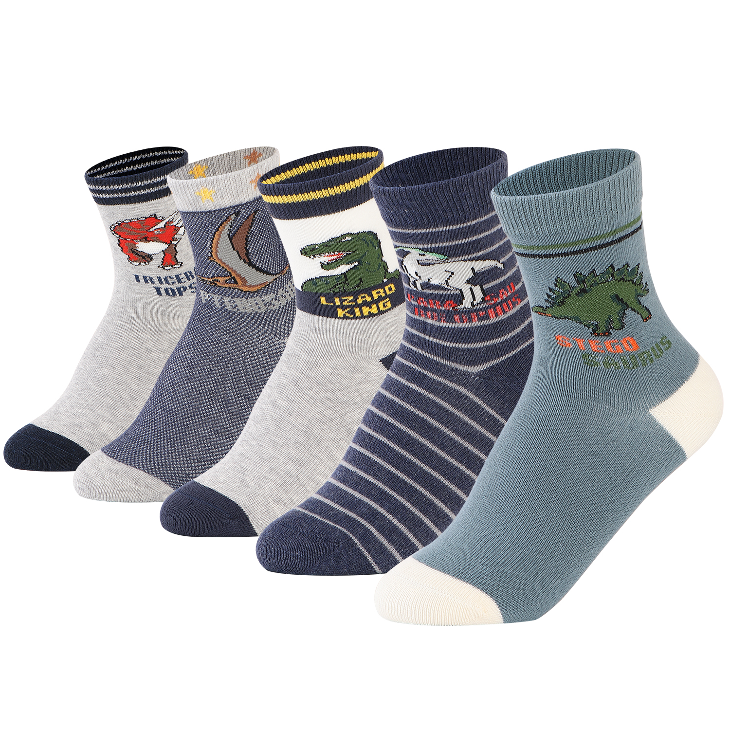 Five pairs of boys crew socks with Triceratops, T-Rex, and Stegosaurus dinosaur designs