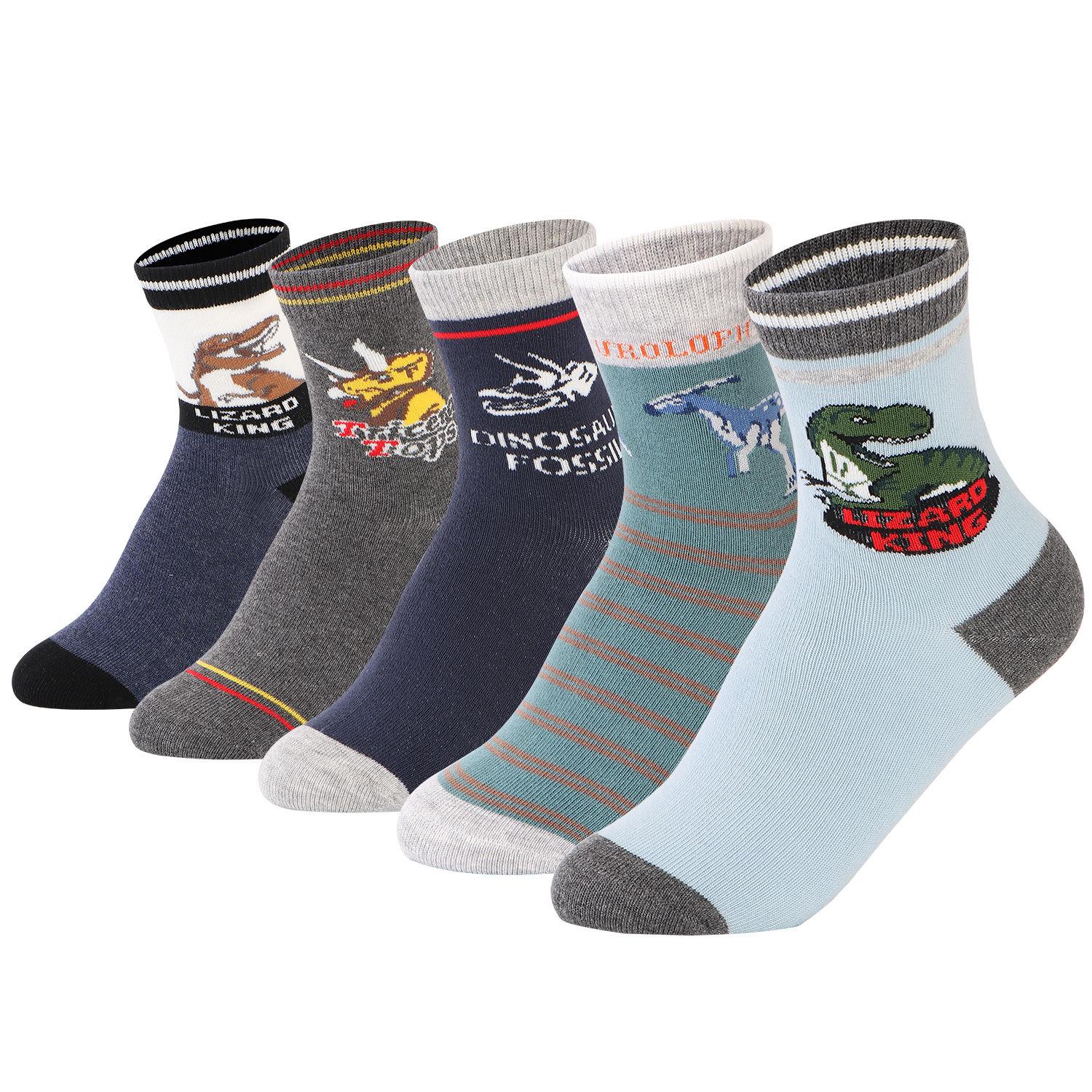 Five pairs of boys crew socks with Pterodactyl, Fossil, and Velociraptor dinosaur designs